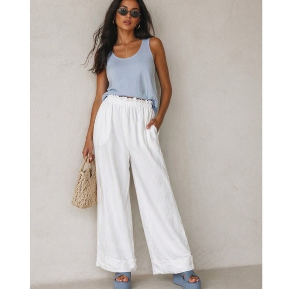 Kedem Sasson‎ White Cotton Wide Leg Pants Paperbag Waist Minimalist Size 0